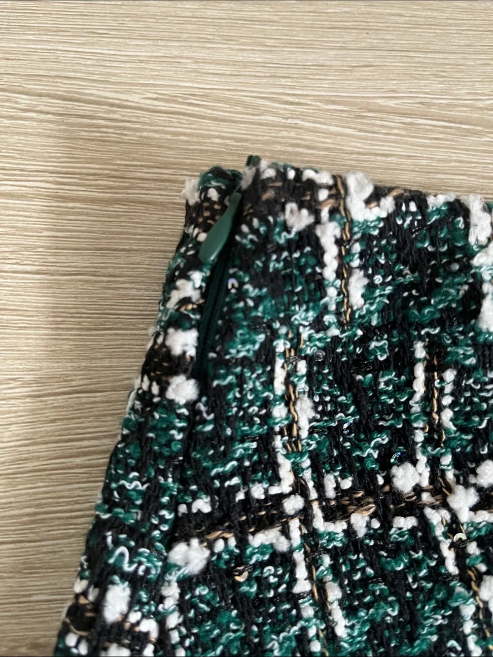 Plaid Tweed Mini Skirt with Pearl Button Accents